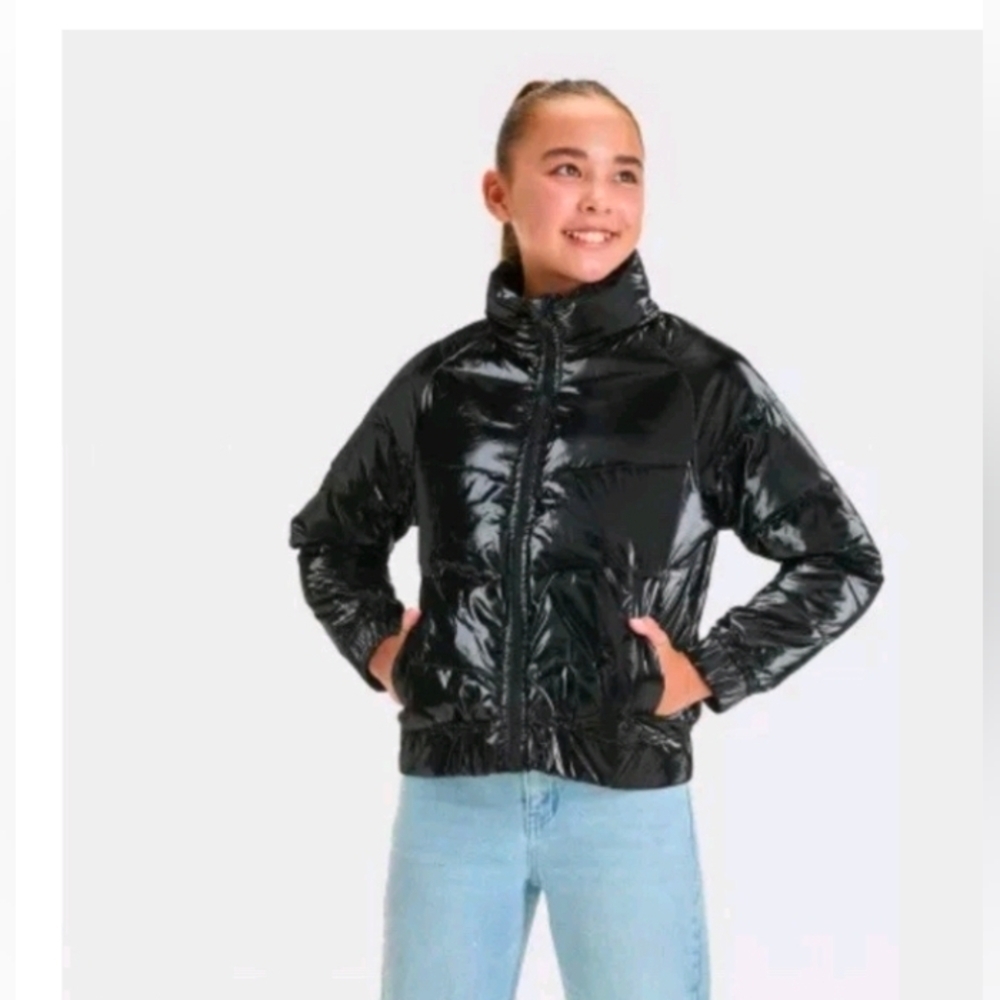 Art Class Girls' Solid Black Shiny Puffer Jacket  Black Size S 6-7